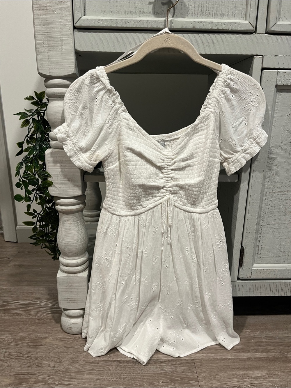 Hollister White Eyelet Puff Sleeve Romper with Smocked Bodice